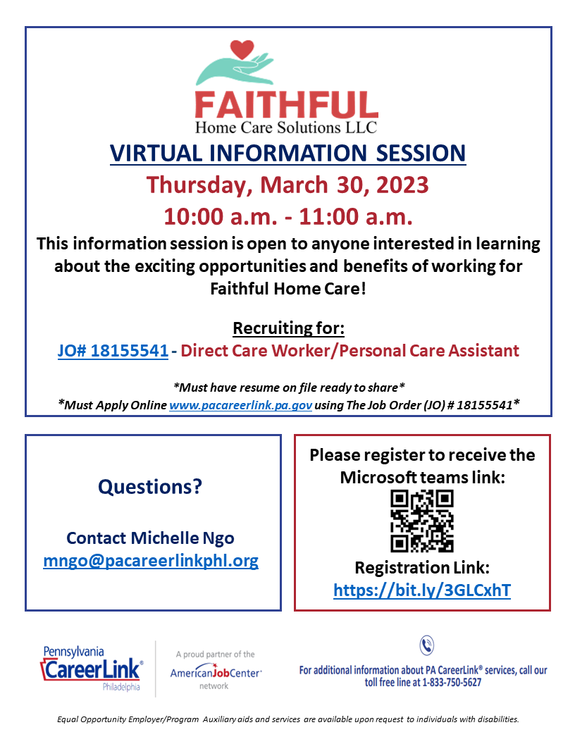 FHCS_HR's tweet photo. Join us for our #VirtualInformationSession tomorrow with @PACareerLinkPHL💻
Don't miss this chance to explore your potential & take the first step toward a fulfilling career. 🌟
Apply now at https://t.co/Rba0oBs3Tu
Register now at: https://t.co/2ESMyCFl6W
#Hiringcaregivers https://t.co/JkyrpbR9Kp