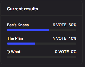 HerringboneDao's tweet image. Our @SnapshotLabs Space is fully functional. Herringbone holders are encouraged to go and give it a spin! So far, Bee's Knees leading the test vote! Each Herringbone you hold will grant you 1 vote.

#BeeKnees #HerringboneDao @oopa_nft