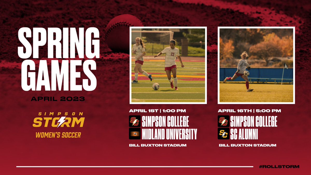 SimpsonWSOC's tweet photo. SOCCER AT SIMPSON! 

No cost for admission, all are welcome. Come seem some high level soccer on-campus this spring! 

⚽️April 1 vs Midland at 1:00 pm 
⚽️April 16 vs SC Alumni at 5:00 pm

#RollStorm https://t.co/CoIXwE5GW6