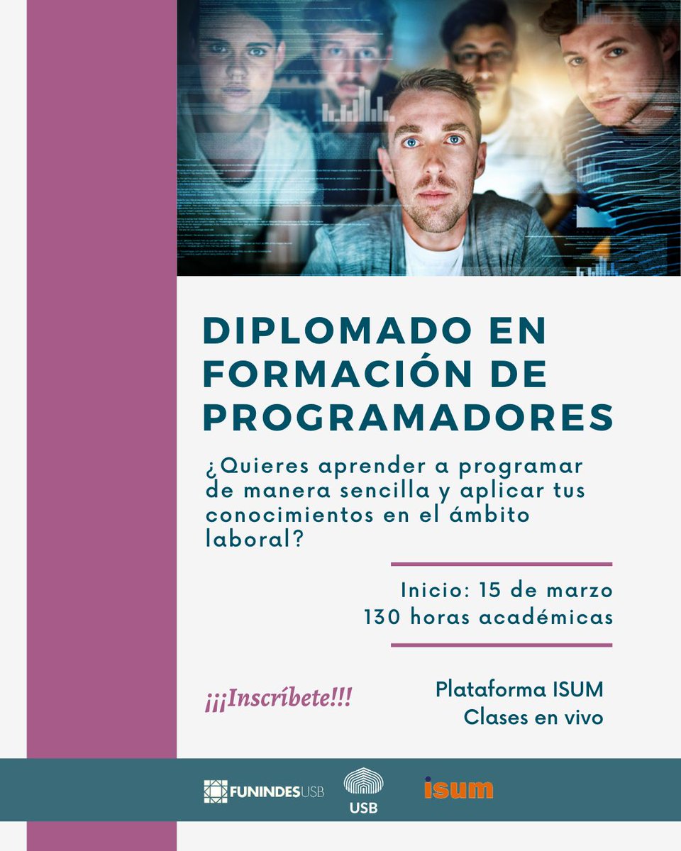 funindesusb's tweet photo. Adquiere herramientas para desarrollar aplicaciones #web o móviles con el #Diplomado Formación de #Programadores, diseñado por @campusb (USB) y el @isum_com_ve (ISUM). ¡Inscríbete ahora!
https://t.co/mD60JwMR8E https://t.co/NCCOazpDcG