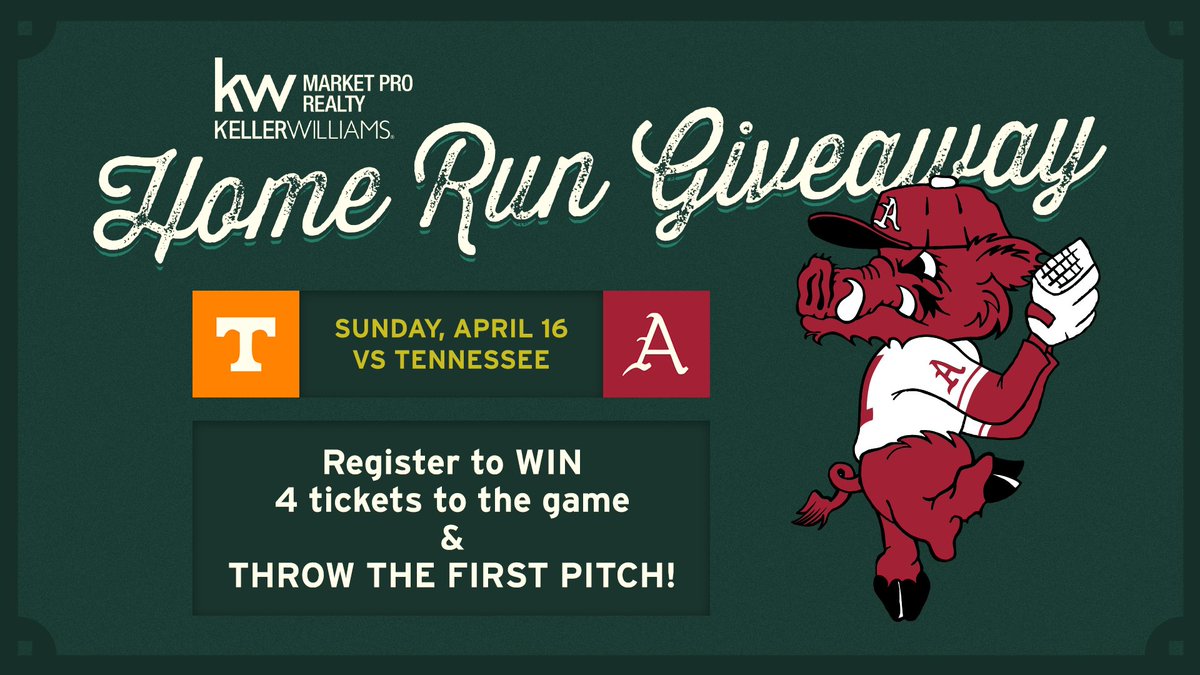 RazorbackBSB's tweet photo. Watch Arkansas vs. Tennessee AND throw out the first pitch? 

Sounds like a home run to us, and our friends at Keller Williams Market Pro Realty are making it possible!

Enter to win here: https://t.co/8iGl3gfqZz https://t.co/ykwj5QzVzW