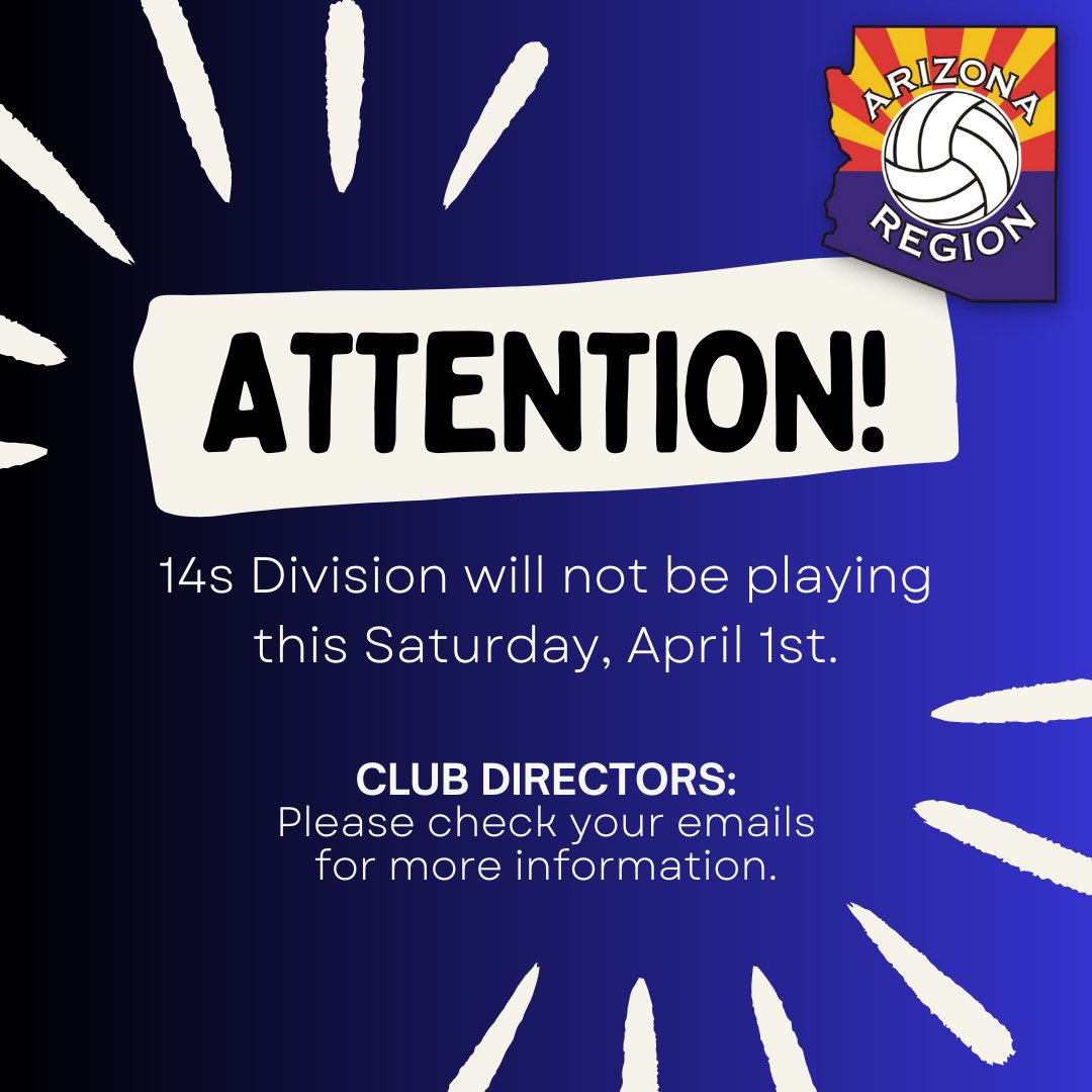 ‼️ Due to circumstances beyond our control, the 14s Division will not be playing this Saturday, April 1st as was scheduled.

We have lost the use of the AZ Region and Spiral buildings for the immediate time.

We apologize for this inconvenience.

🔗 Link in bio for more.