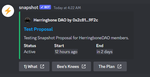 HerringboneDao's tweet image. Our @SnapshotLabs Space is fully functional. Herringbone holders are encouraged to go and give it a spin! So far, Bee's Knees leading the test vote! Each Herringbone you hold will grant you 1 vote.

#BeeKnees #HerringboneDao @oopa_nft