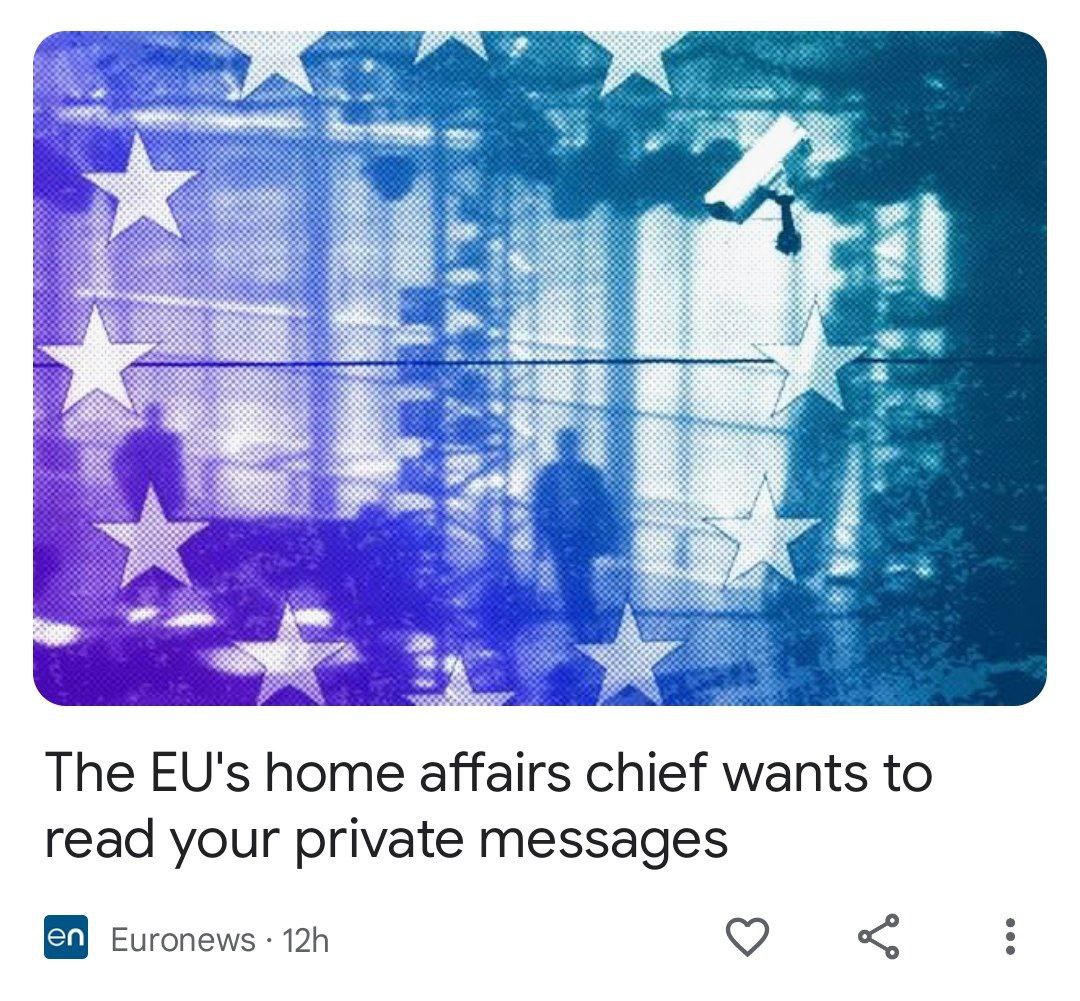 ◾Une nouvelle loi menace la vie privée des 447 millions d'habitants de l'Union européenne :

◾Le règlement CSA, proposé par la commissaire européenne Ylva Johansson, veut analyser régulièrement nos communications privées en ligne à l'aide d'outils d'IA pour rechercher la