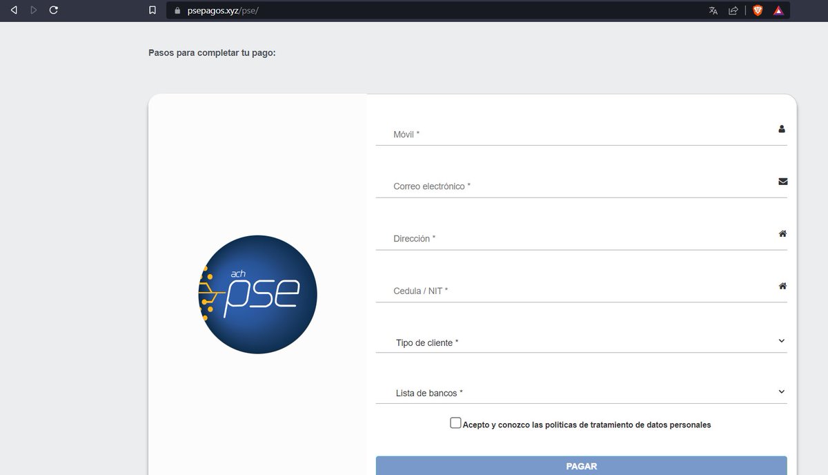 hxxps[://]psepagos[.]xyz/pse/
#phishing 

<a href="/alibaba_cloud/">Alibaba Cloud</a> registrar
<a href="/serverionnl/">Serverion.com</a> hosting provider
 
<a href="/ICANN/">ICANN</a>
<a href="/YourAnonRiots/">Anonymous🐾🐈‍⬛</a>
<a href="/JAMESWT_MHT/">JAMESWT_MHT</a>
<a href="/JCyberSec_/">Jake | JCyberSec_</a>
@BankSecurity
<a href="/malwrhunterteam/">MalwareHunterTeam</a>
<a href="/ecarlesi/">Emiliano Carlesi</a> 

Note:Please use Colombia IPs or proxies to view phishing content
