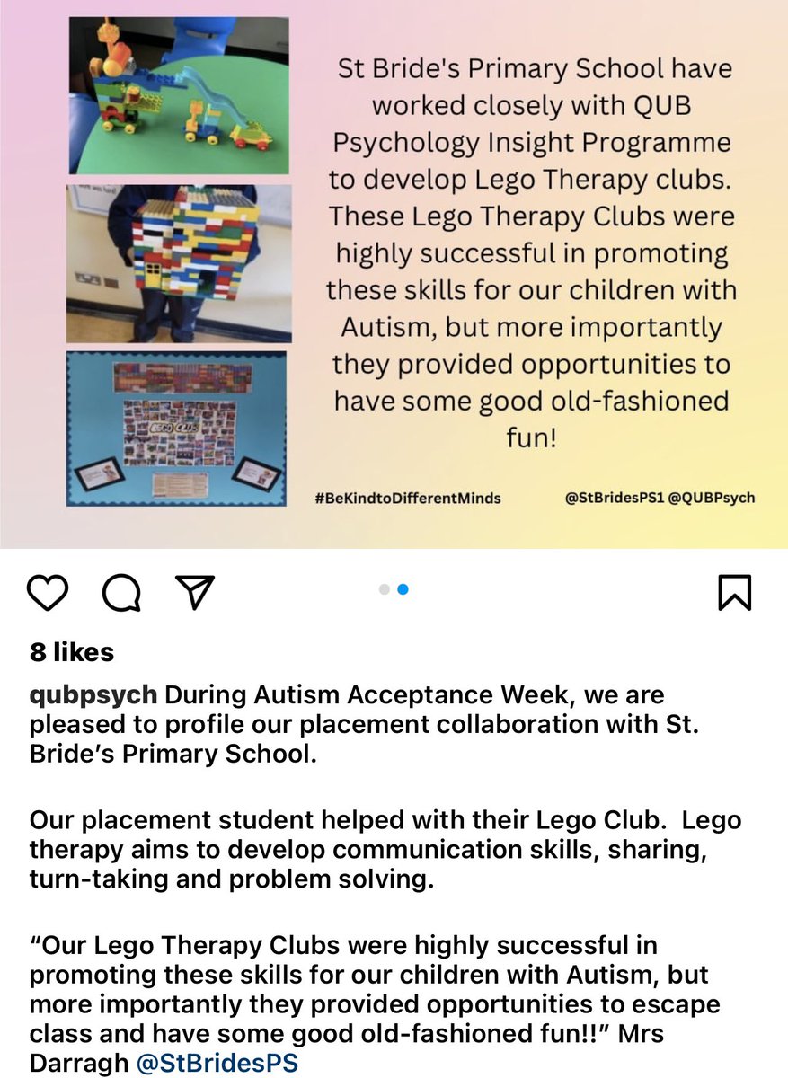What a lovely commendation from @QUBPsych on this #WorldAutismAcceptanceWeek We are proud of our wonderful partnership with their students to deliver #LegoTherapy as part of our Learning & Wellbeing support! Well done Mrs Darragh & Team!👏🏼
