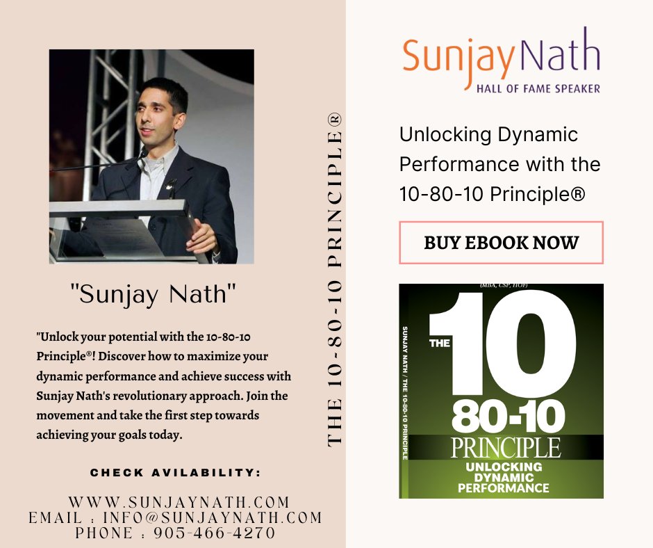 sunjaynath's tweet image. Unlocking Dynamic Performance with the 10-80-10 Principle® By Sunjay Nath

Check avilability: sunjaynath.com
EMAIL : INFO@SUNJAYNATH.COM
PHONE : 905-466-4270

#sunjaynath  #DynamicPerformance #SuccessTips #keynotespeaker #motivationalspeaker #motivationalquotes