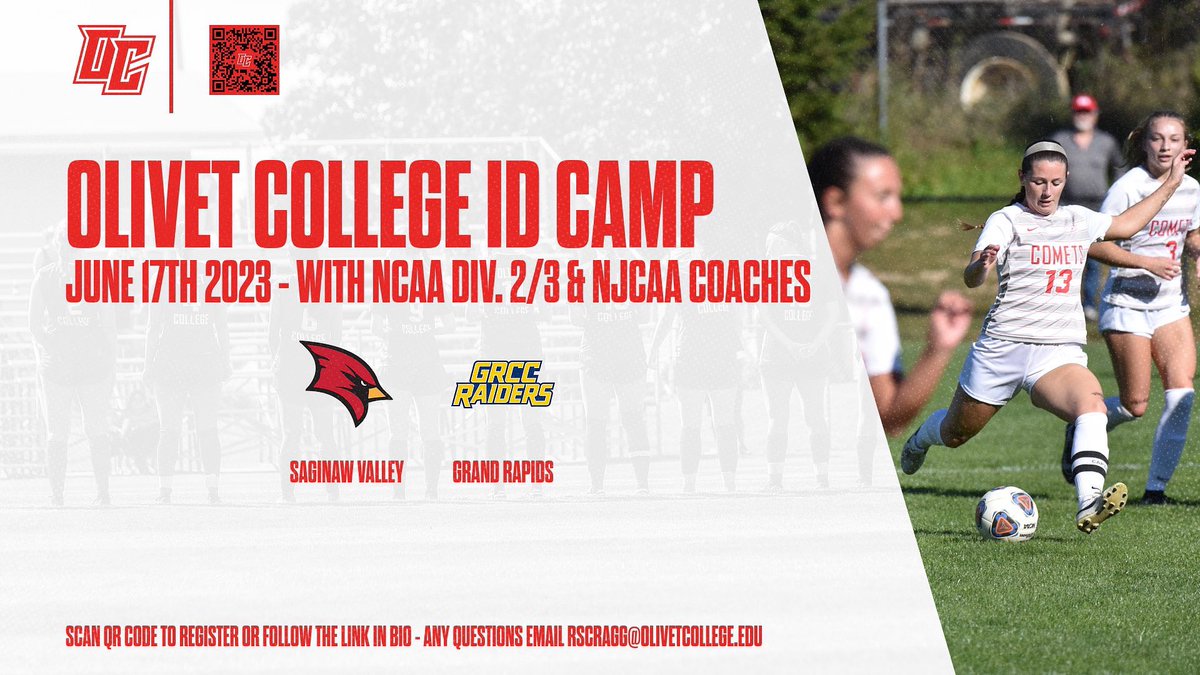 UOlivetWSOC's tweet photo. Excited to announce our 2023 ID Camp. Saturday June 17th. With guest college coaches.

⌚️- 10AM - 3PM
📍- Cutler Events Center, Olivet, MI
Lunch &amp; Camp shirt provided.
Cost $80 - Sign up at the link in our bio or scan the QR code.

Any questions contact RScragg@OlivetCollege.edu https://t.co/GMjirlbn03