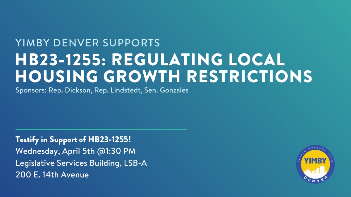 YIMBY Denver is excited to support HB23-1255, which would prohibit the enforcement of anti-growth laws that restrict the growth of Colorado's housing stock!

Thank you @RubyForColorado, <a href="/WSLindstedt/">William Lindstedt</a> and <a href="/SenadoraJulie/">Senadora Julie Gonzales</a> for co-sponsoring this fantastic piece of legislation! #coleg