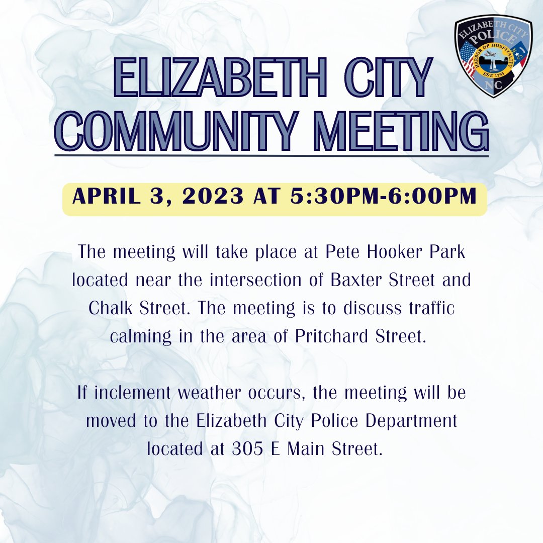 ***Community Meeting Event***
Date: April 3, 2023
Time: 5:30pm to 6:00pm
Location: Pete Hooker Park (Baxter/Chalk Street) 
Topic: Traffic calming in the area of Pritchard Street.