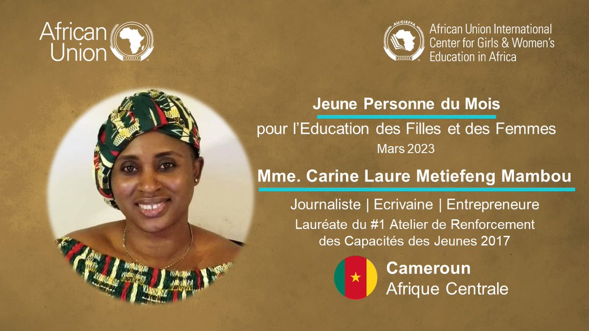 MambouCarine's tweet photo. Je suis ravie d' avoir été sélectionnée comme Jeune Personne du Mois de Mars 2023 de l'Union Africaine CIEFFA @AU_CIEFFA pour l' Education des filles et des femmes #GWEYPM! Grâce à mon travail avec CAD AID FOUNDATION @AidCad
#Africaeducatesher
#girlseducation
@_AfricanUnion https://t.co/d5Nas9bWZh