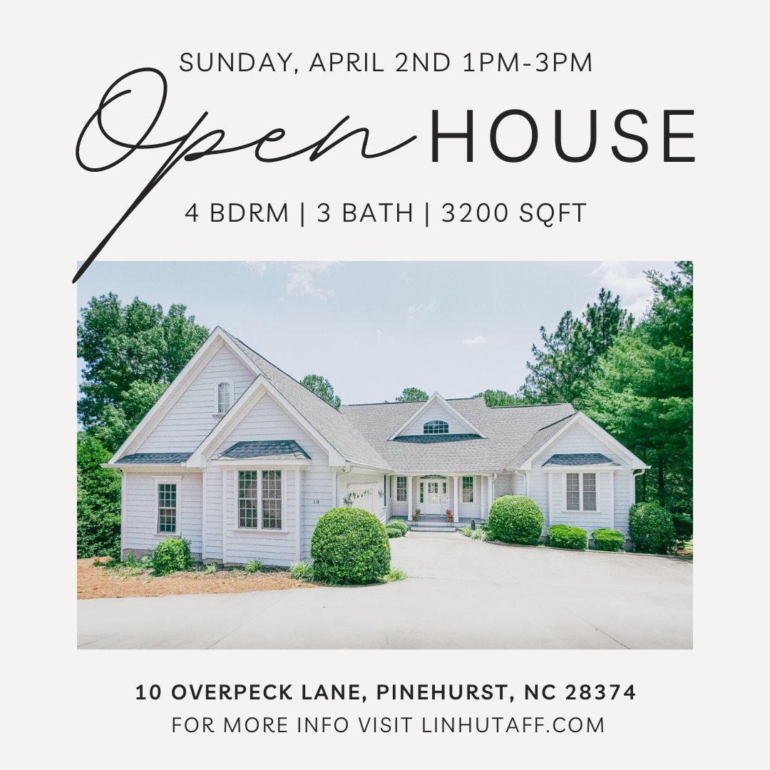 OPEN HOUSE! This Sunday from 1PM-3PM comes see this beautiful home in Pinehurst No. 6 🌲 #pinehursthomeforsale #openhouse #pinehurstnc #homeforsale