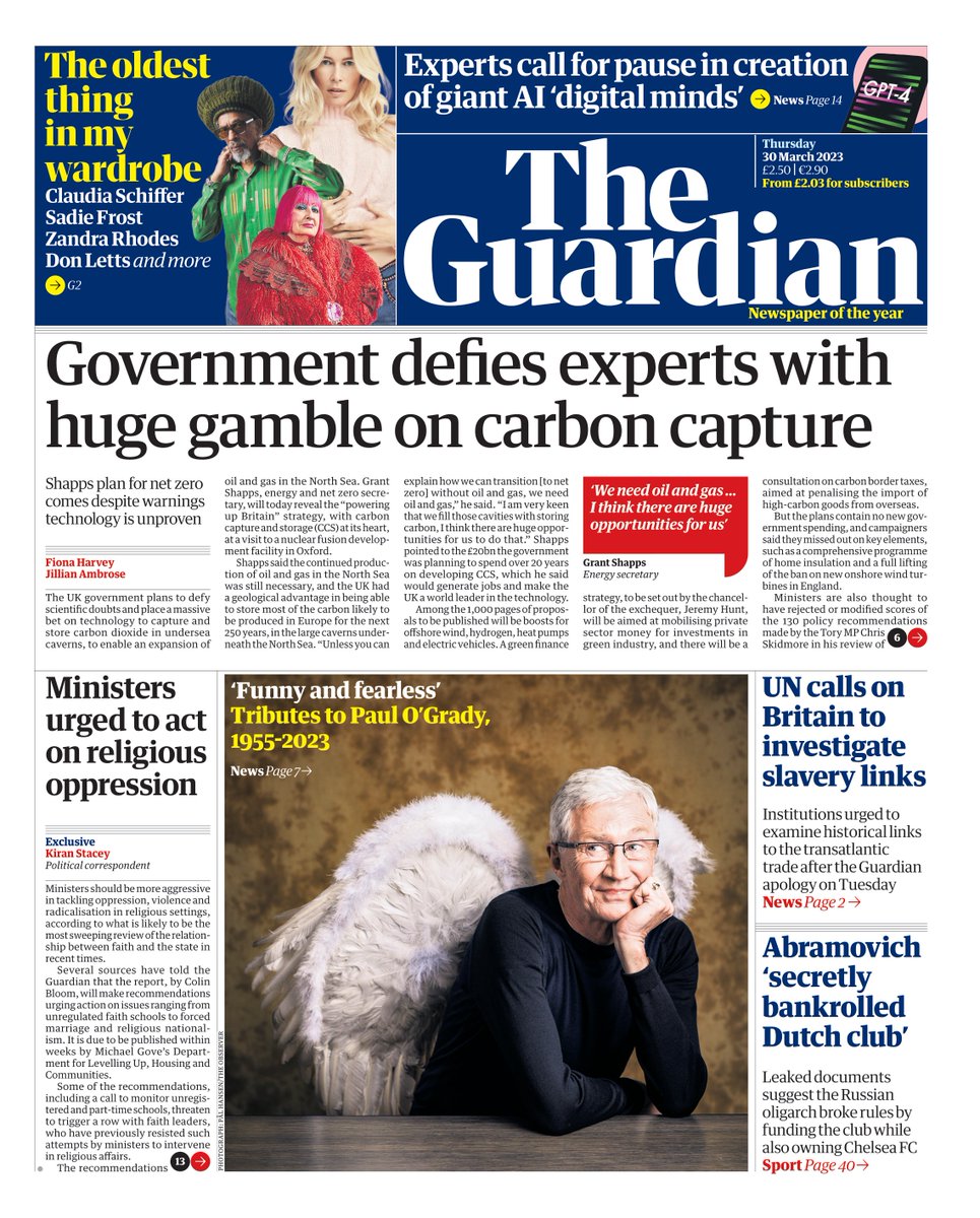 The Guardian: Government defies experts with huge gamble on carbon capture #TomorrowsPapersToday