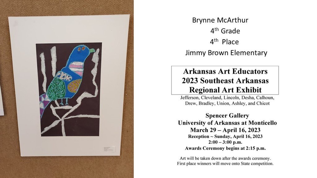 Congratulations to these Jimmy Brown Elementary students for placing in the 2023 Arkansas Art Educators Southeast Regional Art Show.  #BeTheBest