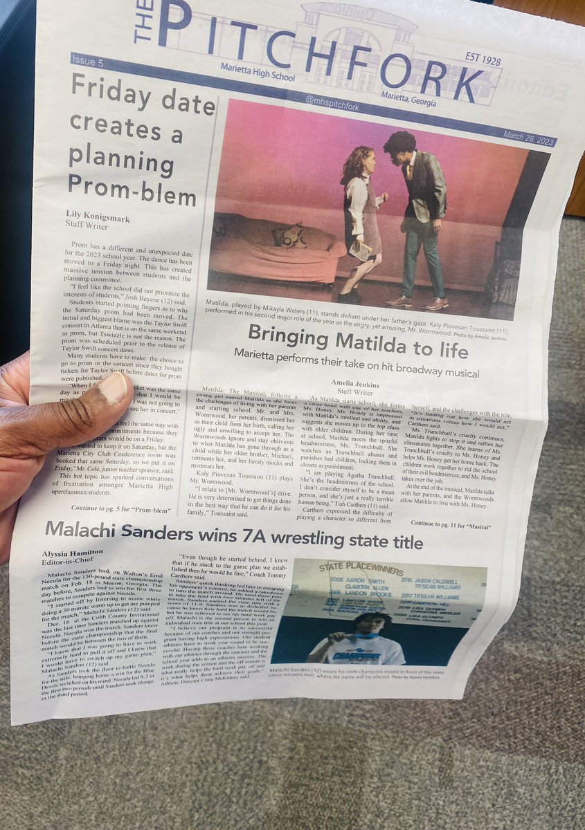 DeMarcosHollan1's tweet photo. The best high school newspaper in all the land just delivered another great edition! #ThePitchFork @MariettaGAhs Thanks, Mrs. Lyons,for always encouraging students to capture and share their stories in positively and productively through writing. https://t.co/pJtL0oitMT https://t.co/M3odQQZHPt