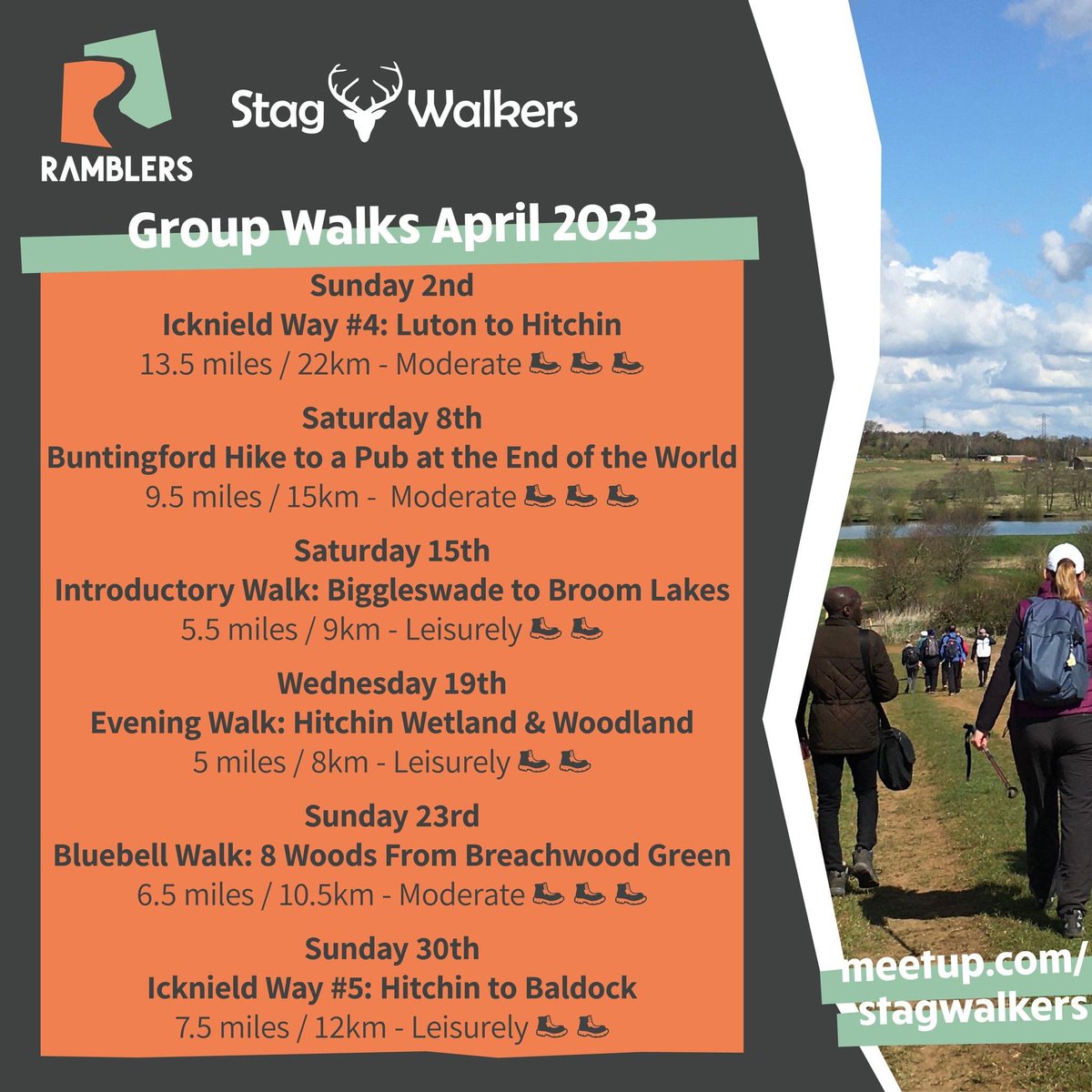 StagWalkers's tweet photo. 🥾Fancy a walk with us in April?🥾

Here’s our current plans for the month! 

🗓️Please visit our Meetup group for full details and to book a place on the walks

https://t.co/ZWtpE2cij8 

#stagwalkers #ramblers #hertfordshire #bedfordshire #groupwalks https://t.co/cqhrCRqMUs