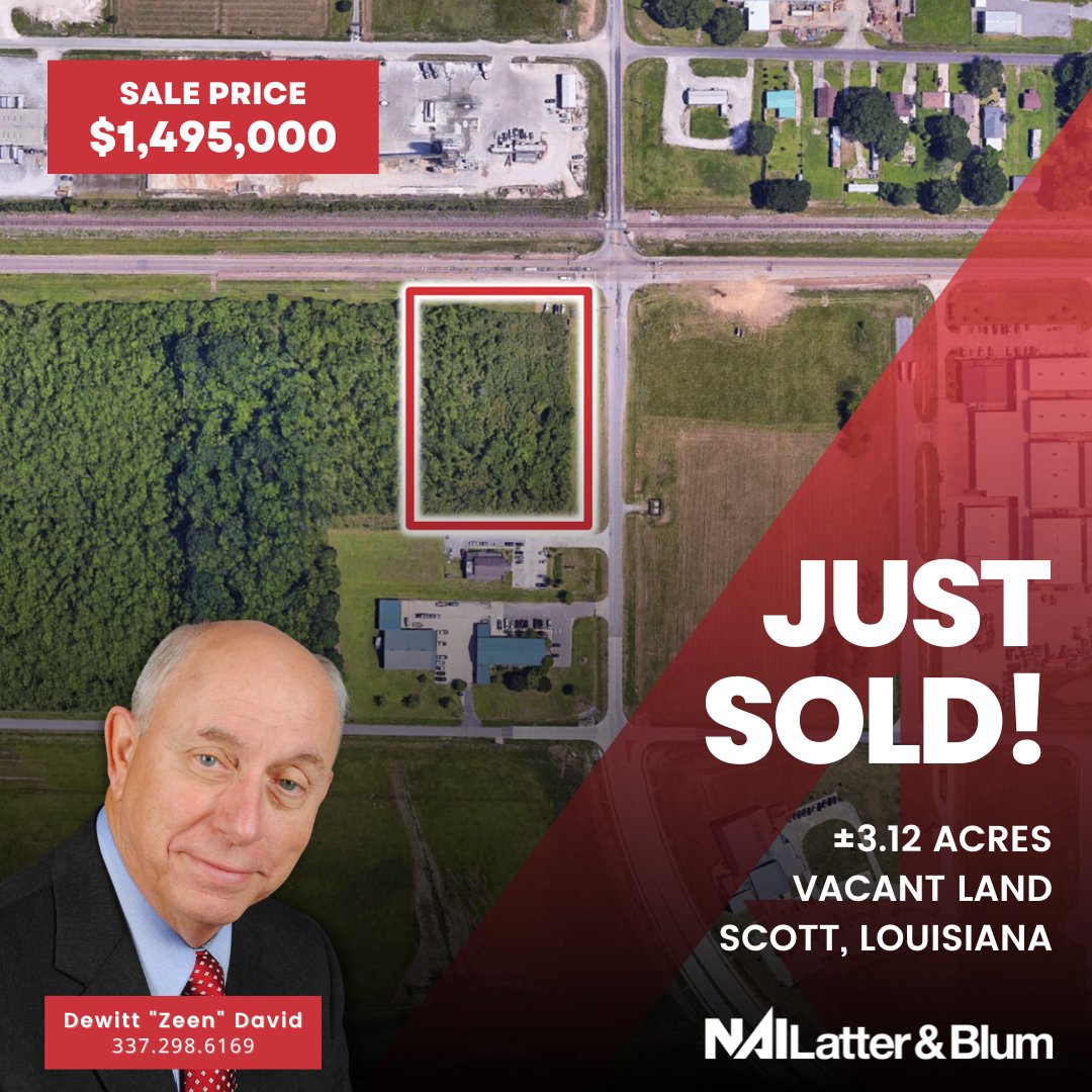 💥Just Sold💥 Congratulations to Dewitt "Zeen" David on his recent sale of ±3 acres at the southwest corner of  Cameron Street and Apollo Road in Scott, LA!
•
•
#cre #land #acadiana #office #nailatterblum #naiglobal #louisiana