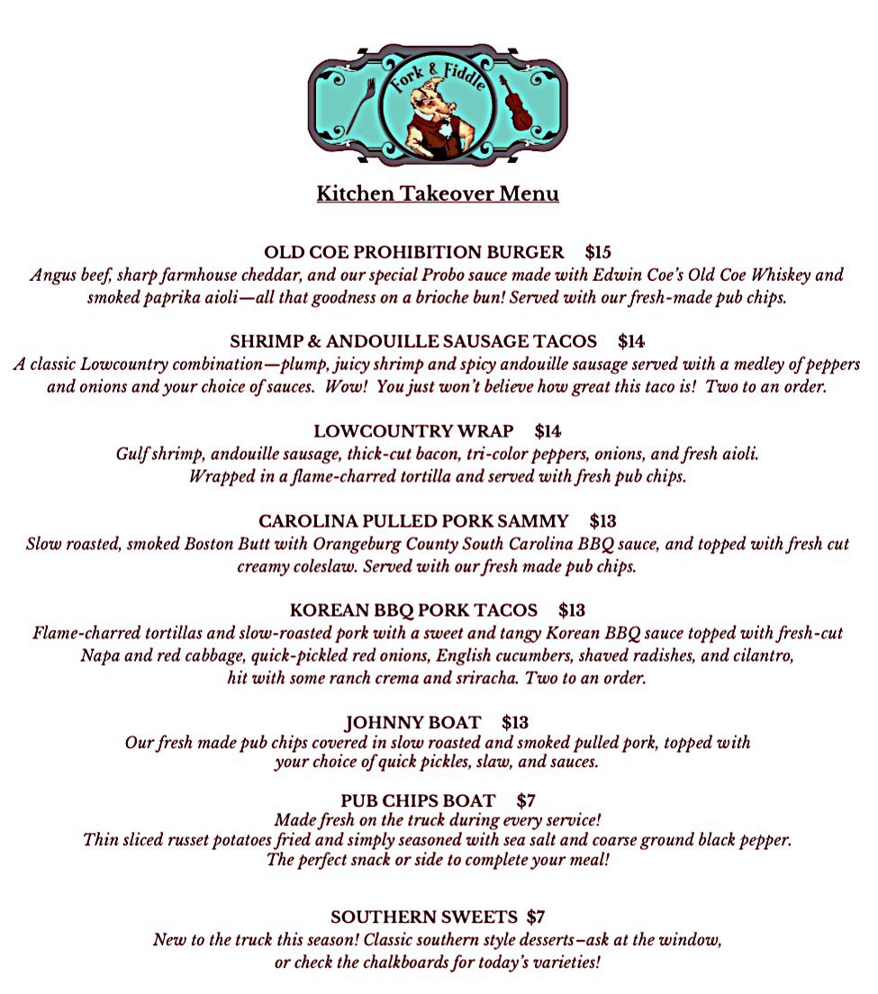 Fork_and_Fiddle's tweet image. Here it is! The Fork &amp;amp; Fiddle Kitchen Takeover Menu at Edwin Coe Spirits! Open all summer long starting April 1st! #forkandfiddle #edwincoespirits #kitchentakover #followthatbigorangetrailer