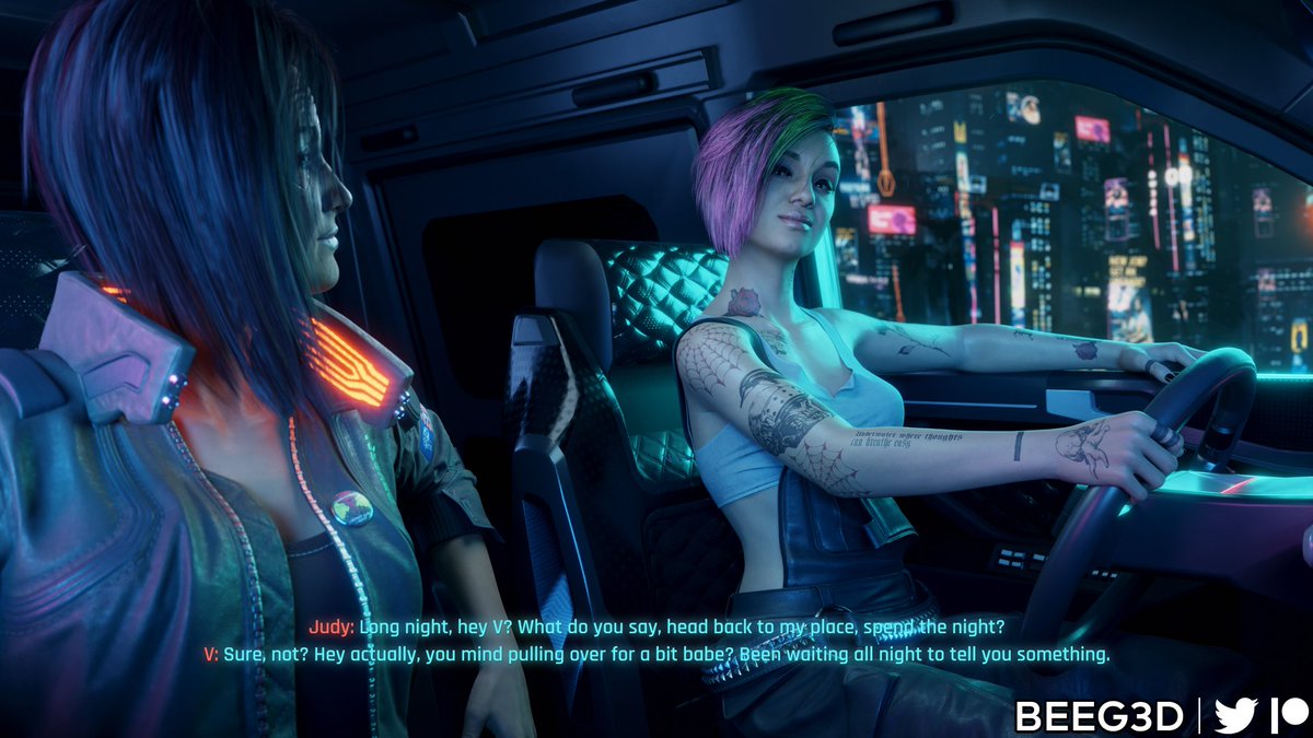 Beeg3D's tweet photo. V &amp; Judy - Sleeping in My Car (1/2)

The night is so pretty and so young 💜💚

Part 2 below in comments

4k + alt angles: https://t.co/F8mSFnylHr

Models: @Rigid3d 
Van: @hoIopointz 
HDRI: @Major_Guardian 

#Cyberpunk2077 #judyalvarez #nsfw #rule34 https://t.co/bb0VBhJsTo