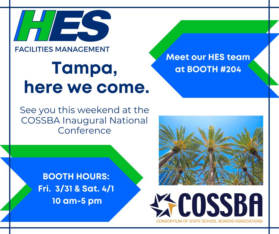 We're on our way to the #COSSBA Inaugural National Conference in #Tampa! Come see us at Booth 204 tomorrow & Sat. from 10-5 to learn how we develop specialized #facilitiesmanagement programs for #k12schools! @CofSSBA  #COSSBAConference #schoolboards #education #facilityservices