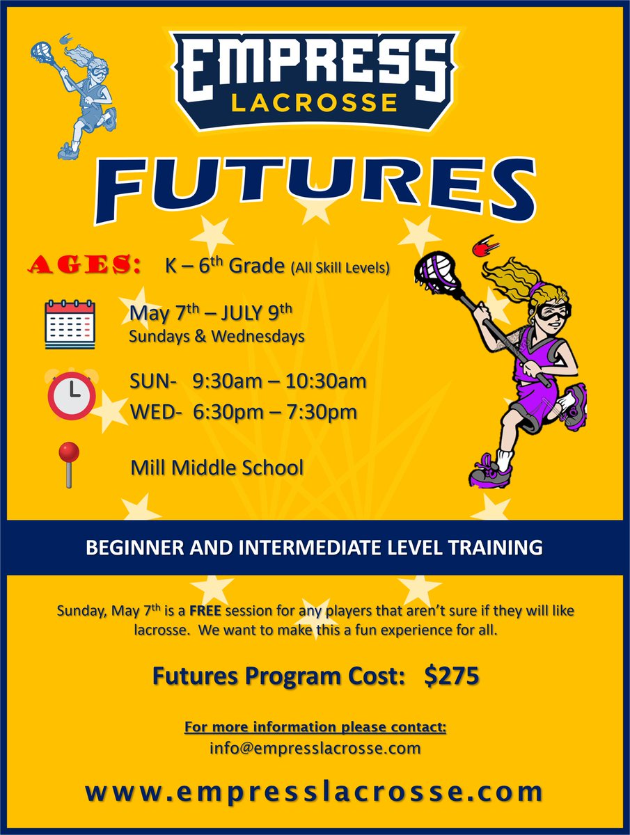 Empress Futures, Spring Lax is open for registration.   Jump in quick. Already 18 registered.  Keep it Growing!!   #EmpowerYourGame

empresslacrosse.com/clubteams/3800…