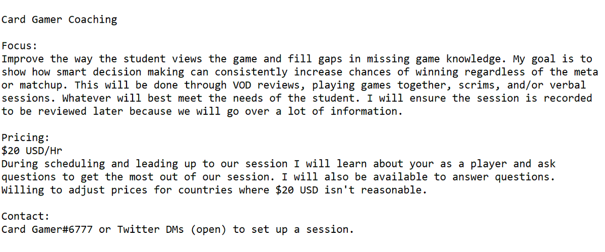 With the release of Comp 2.0 I want to start coaching more. I love discussing the game and have done a lot of informal coaching for RPG and some others 

Info dump below, reach out if you have any questions or to set up a session

Retweets and recommendations are appreciated!