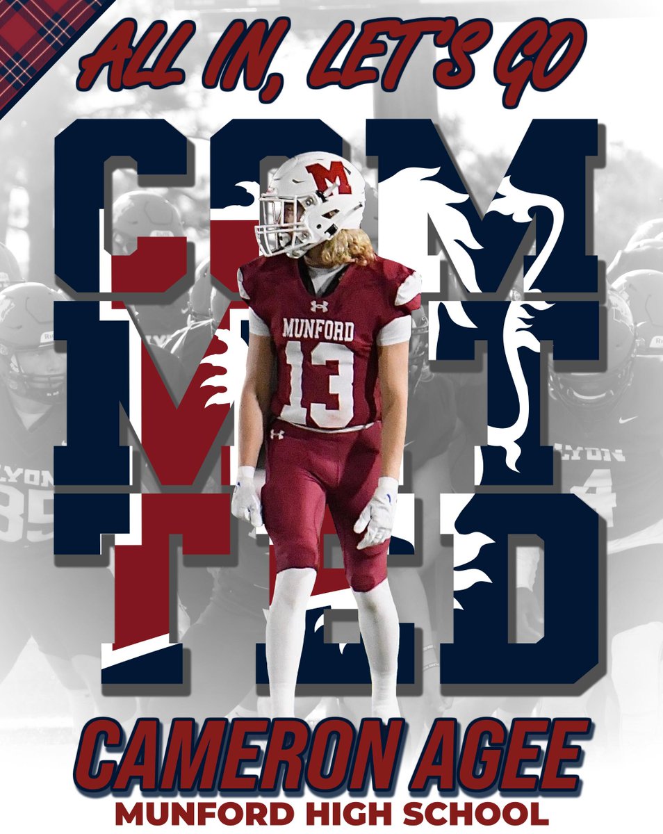 #AGTG After a great visit and conversations with <a href="/LyonHBC/">Chris Douglas 🏈</a> I have been offered and will be continuing my academics and football at Lyon College.
<a href="/IanLeib/">Coach Ian Leib</a> <a href="/Coach_Z_Ruot/">Zachary Ruot</a> <a href="/MunfordCougarFB/">Munford High School Football</a> <a href="/CSmithScout/">Chris Smith</a> 
On to the next chapter!