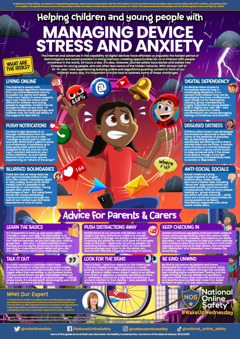 👉This weeks online safety guide looks at managing the stress and anxiety that our increasing device use can cause. There are tips on reducing push notifications from apps📱, avoiding social media arguments 🗣 and spotting when a child’s been upset by something online👨‍💻. #esafety