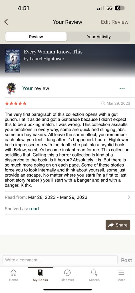 #bookbreadreview
Every Woman Knows This- Laurel Hightower
#womeninhorrormonth
@HightowerLaurel 

Every Woman Knows This: A Horror Collection a.co/d/6ioeInM