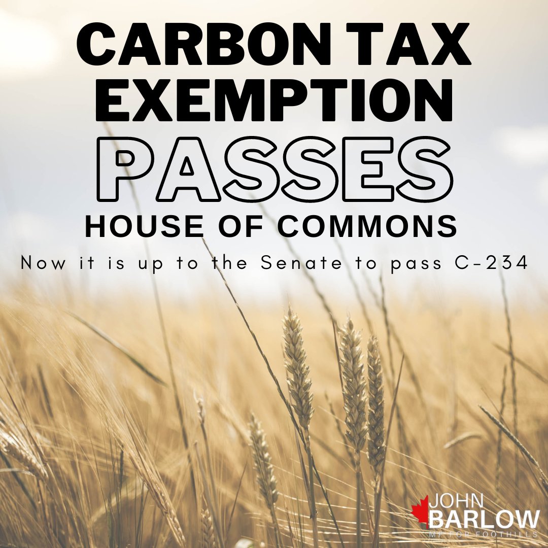 This is a big win! 
Bill C-234, put forward by my colleague MP Ben Lobb, to exempt on farm fuels from the Liberal carbon tax has PASSED in the House of Commons today. 
It now rests at the feet of the Senate to become law, and to do so swiftly. #cdnpoli #cdnag #carbontax