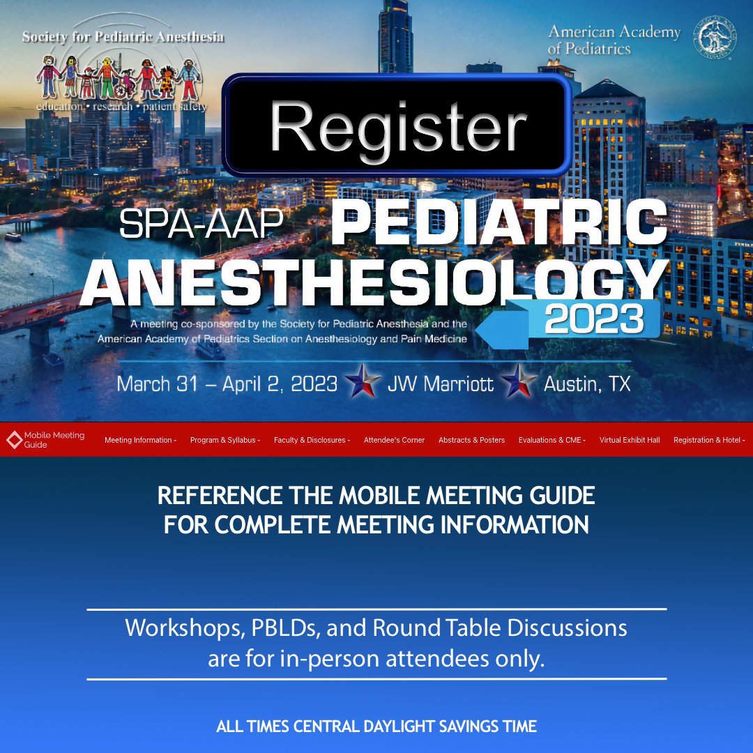 SPA (@PediAnesthesia) on Twitter photo 2023-03-29 21:01:04 SPA-AAP Pediatric Anesthesiology 2023 Registration 5:00 PM – 6:30 PM CDT Location: Lone Star Foyer - 3rd Floor Consult the Mobile Meeting Guide for all meeting details: ow.ly/hKEz50NuKMV #PedsAnes23 #PedAnes #anesthesiology #anesthesia SPA-AAP Pediatric Anesthesiology 2023 Registration 5:00 PM – 6:30 PM CDT Location: Lone Star Foyer - 3rd Floor Consult the Mobile Meeting Guide for all meeting details: ow.ly/hKEz50NuKMV #PedsAnes23 #PedAnes #anesthesiology #anesthesia