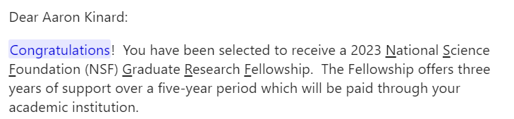 aarondkinard's tweet photo. I am humbled to share that I've been awarded a @NSF GRFP award. I am so incredibly grateful for the support I've received from my advisor @BBrianFoster &amp; from my letter writers! @LinnPoseyMaddox @Insurgent_Prof @adam_slez https://t.co/wC2gNmjOe3
