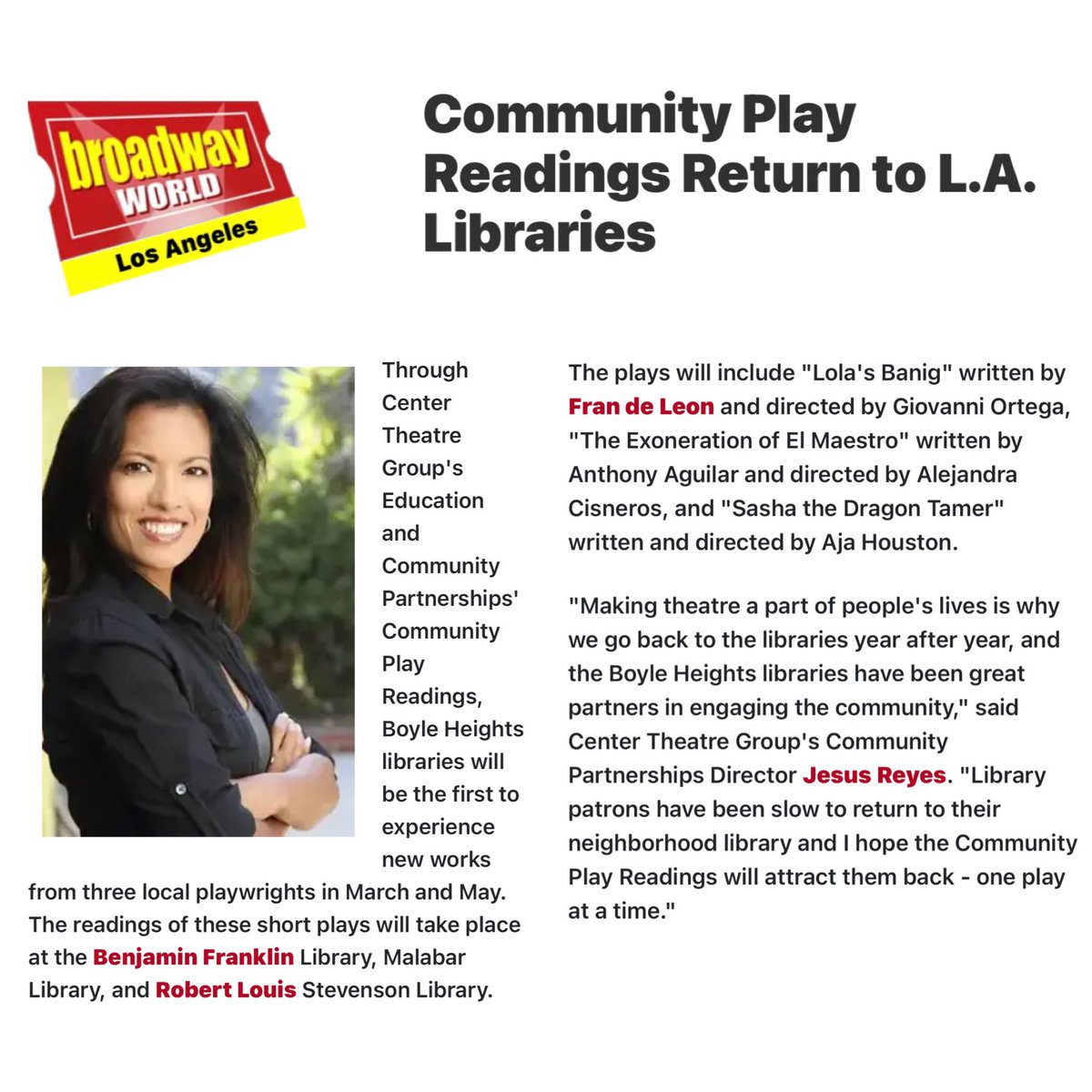 frandeleon's tweet photo. Thanks, @BroadwayWorld for uplifting #CTGcommunity ‘s commitment to L.A. theatre makers. 

@CTGLA @eastlarep @jasonrogel @joyregullano @reubenuy @ElaineAckles @HazelLozano11 @_estelagarciaaa #aurorailog #josettecanilao #lathtr #filipinoamericanwriter #filamwriter #filamdirector https://t.co/lvsajWRuMX