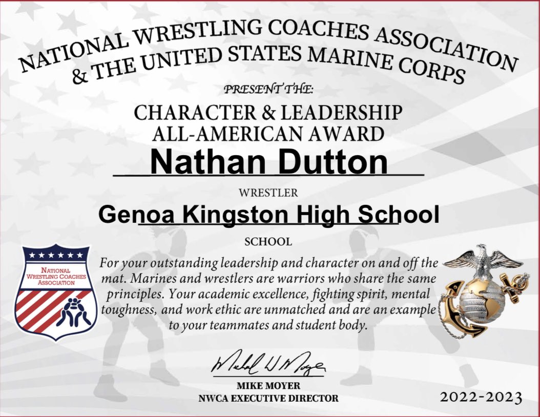 Congrats to Senior Nathan Dutton for receiving the <a href="/nwcawrestling/">NWCA</a> and <a href="/USMC/">U.S. Marines</a> Character and Leadership All-American Award