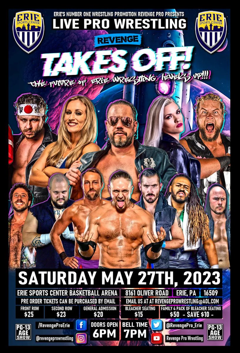Here is the official event poster for #RevengeTakesOff! at The @ErieSportCenter. The number 1 wrestling promotion in Erie joins forces with the number 1 sport & entertainment venue in Erie. Remember tickers go on sale THIS FRIDAY AT 6PM! Get those emails in asap! #IWantRevenge