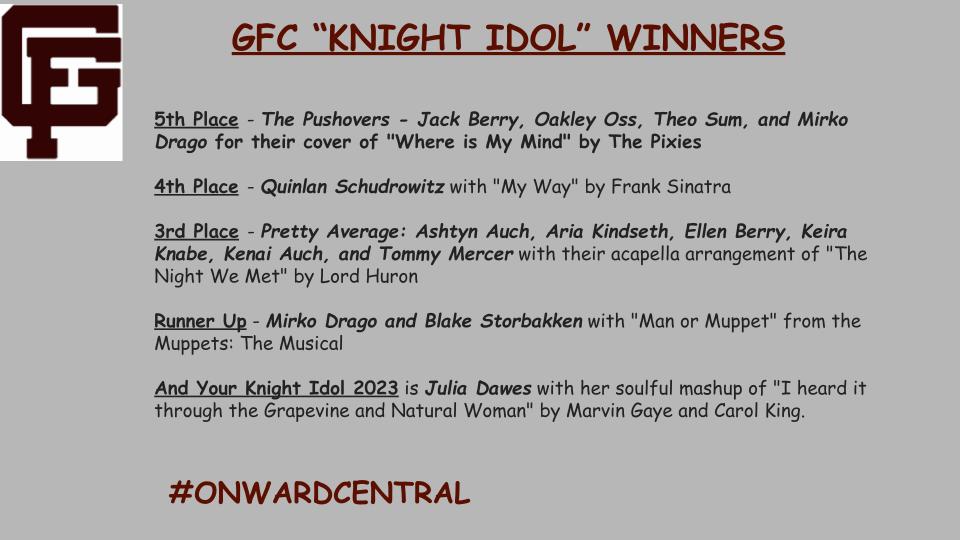 After tallying the votes, here are the top 5 acts from last night's KNIGHT IDOL who will now represent Grand Forks Central at the Grand Cities Idol event  on April 24th. Congrats to all participants for putting on a great show!
#OnwardCentral