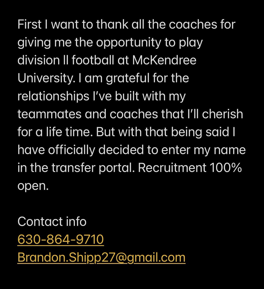 Brandon_Shipp2's tweet image. Thank you Mckendree 💜
Recruiting 100% open
4 years  of eligibility 
Linebacker 5’10 210lb