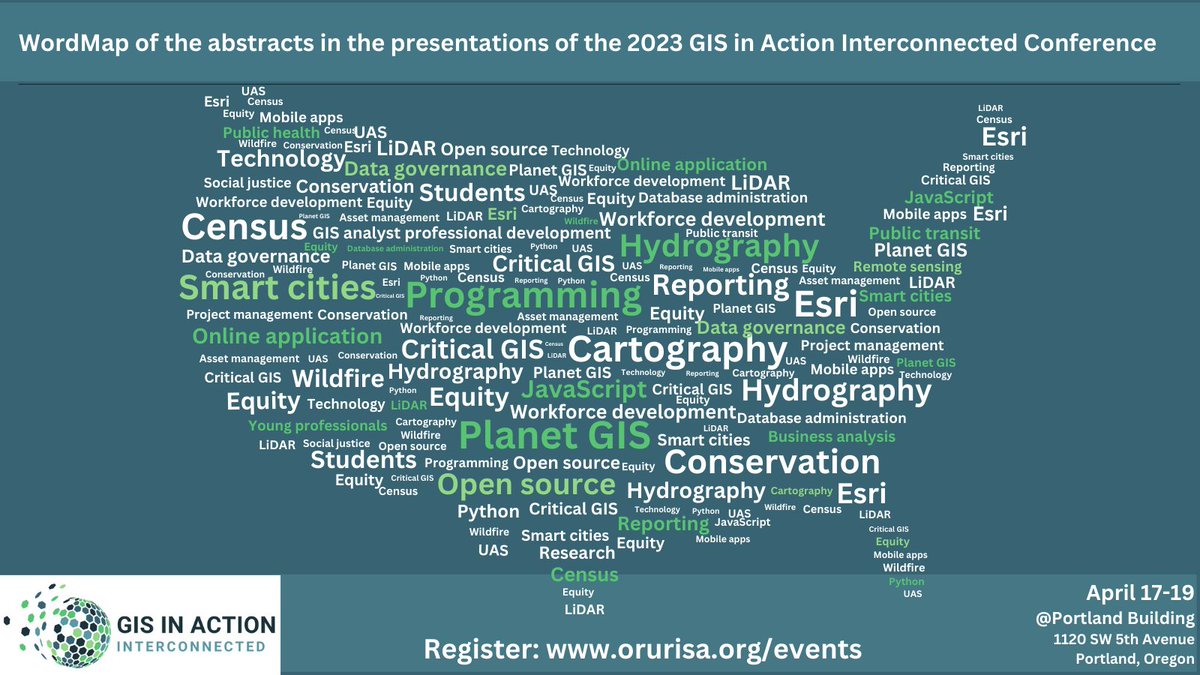 OregonUrisa's tweet photo. Less than 3 weeks to go! Register Today for the 2023 GIS In Action Conference: https://t.co/lnb2ldQfig
#urisa #orurisa #waurisa #esri #gisdevelopment #gis #gisp https://t.co/CE70kN6b4w