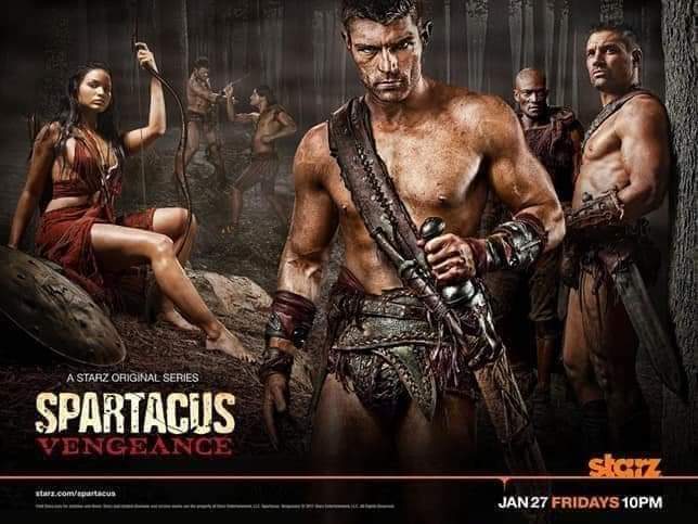 ....   "Spartacus: Vengeance" ("Spartacus: Venganza",
"Spartacus: La venganza"), secuela de "Spartacus: Blood and Sand", 3a temporada de la serie de la cadena Starz, protagonizada por Liam McIntyre como Espartaco en remplazo de Andy Whitfield 2012, 10 capítulos de 55 minutos.....