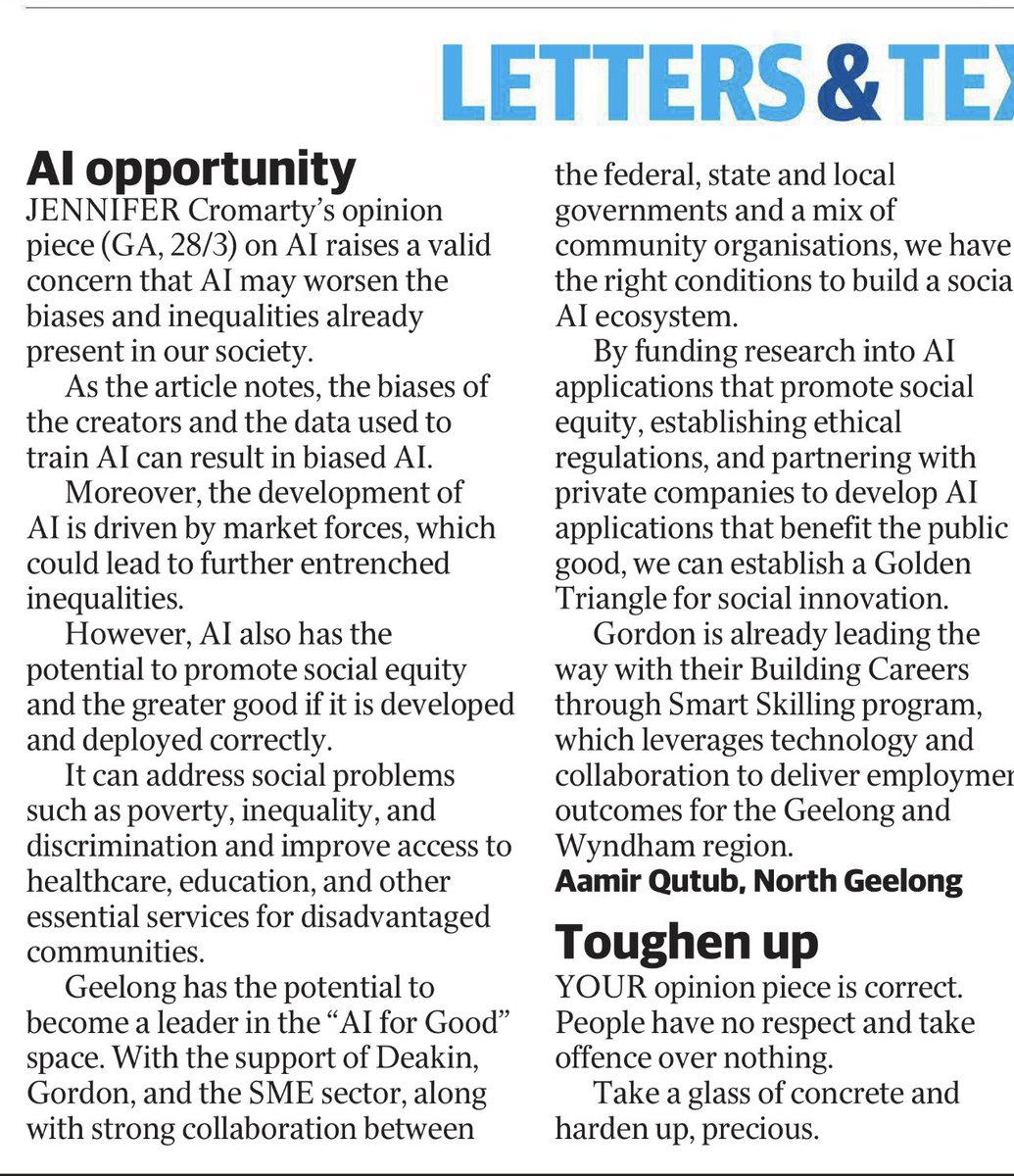 jencromarty's tweet photo. Thanks @aamirqutub for your letter in the @geelongaddy today. There are big issues to consider - noting this request to pause AI development via @elonmusk &amp; others   https://t.co/cdPtq91ywj https://t.co/TIBXGJOnk0