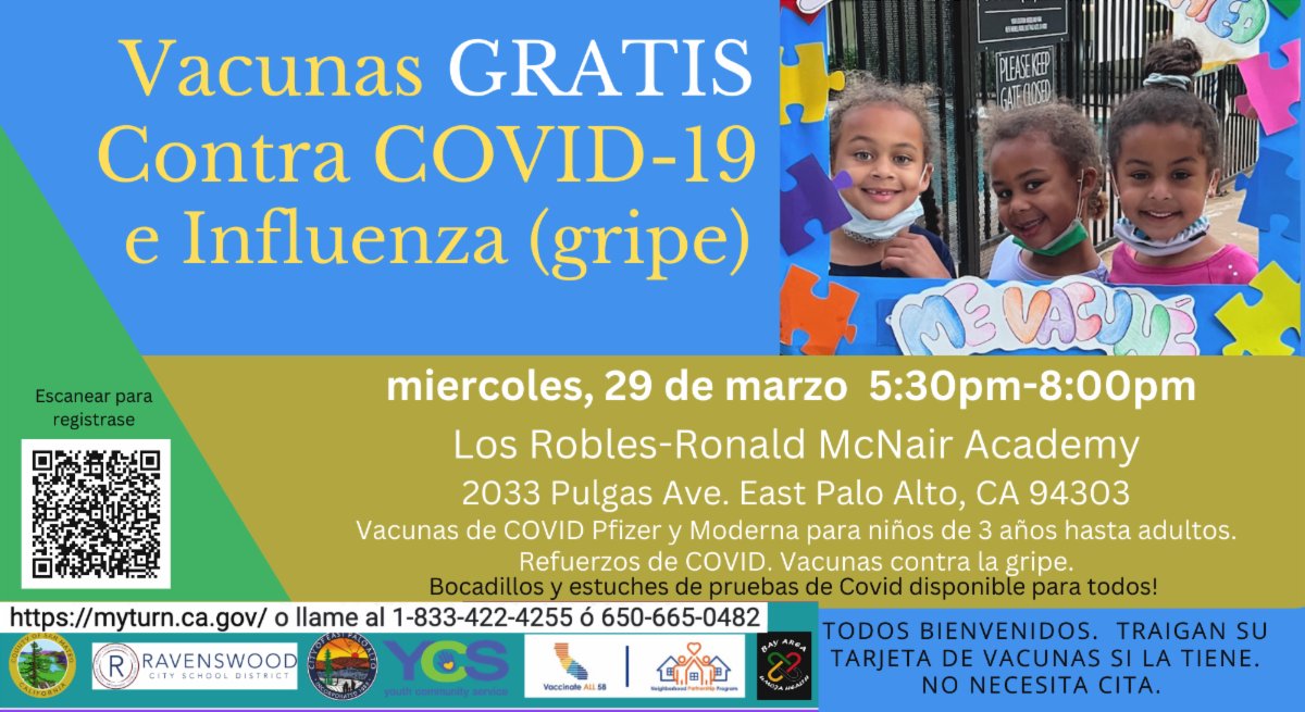 Don't miss the final community vaccine clinics in EPA today! ¡No se pierda hoy las últimas clínicas comunitarias de vacunación en EPA! Los Robles - Ronald McNair Academy (5:30 pm - 8:00 pm) &amp; Cesar Chavez Ravenswood Middle School (3:00 pm - 6:00 pm)