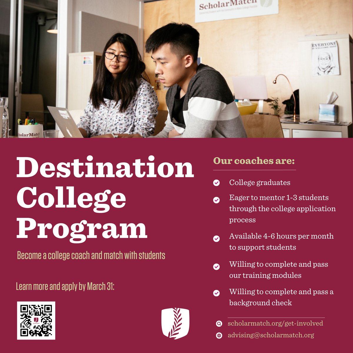 Last call to join our Destination College program as a college coach! If you're interested in mentoring #firstgen students through the #collegeapp process, head over to our website and apply by March 31! scholarmatch.org/get-involved/c…
#CollegeAdvisor #firstgen