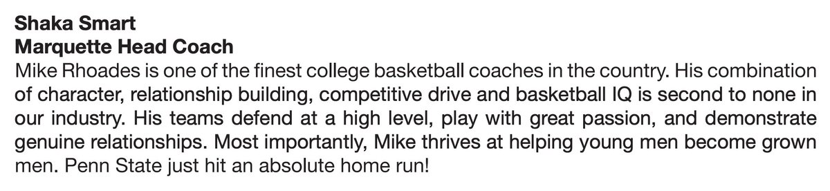 danieljtgallen's tweet photo. Penn State released quotes on Mike Rhoades from Jay Wright, Shaka Smart &amp; more https://t.co/8wexMjU0MT