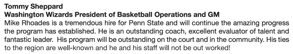 danieljtgallen's tweet photo. Penn State released quotes on Mike Rhoades from Jay Wright, Shaka Smart &amp; more https://t.co/8wexMjU0MT