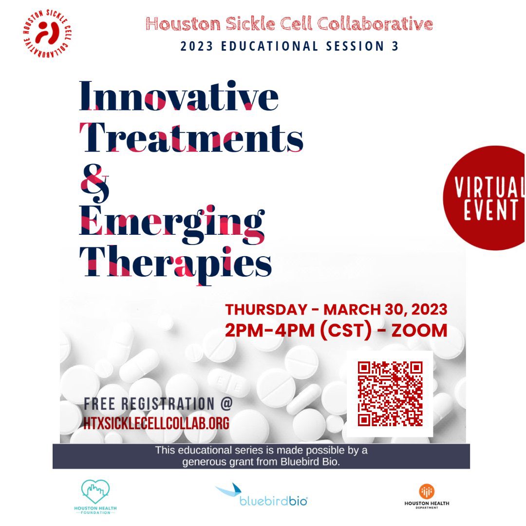 Join us on Thursday, March 30, at 2pm CST for discussion on current sickle cell therapies, gene therapy research, and what's it like to participate in clinical trials! 

Register: htxsicklecellcollab.org. 

cc: .<a href="/DrTitiFasipe/">Ti-Lo</a>
