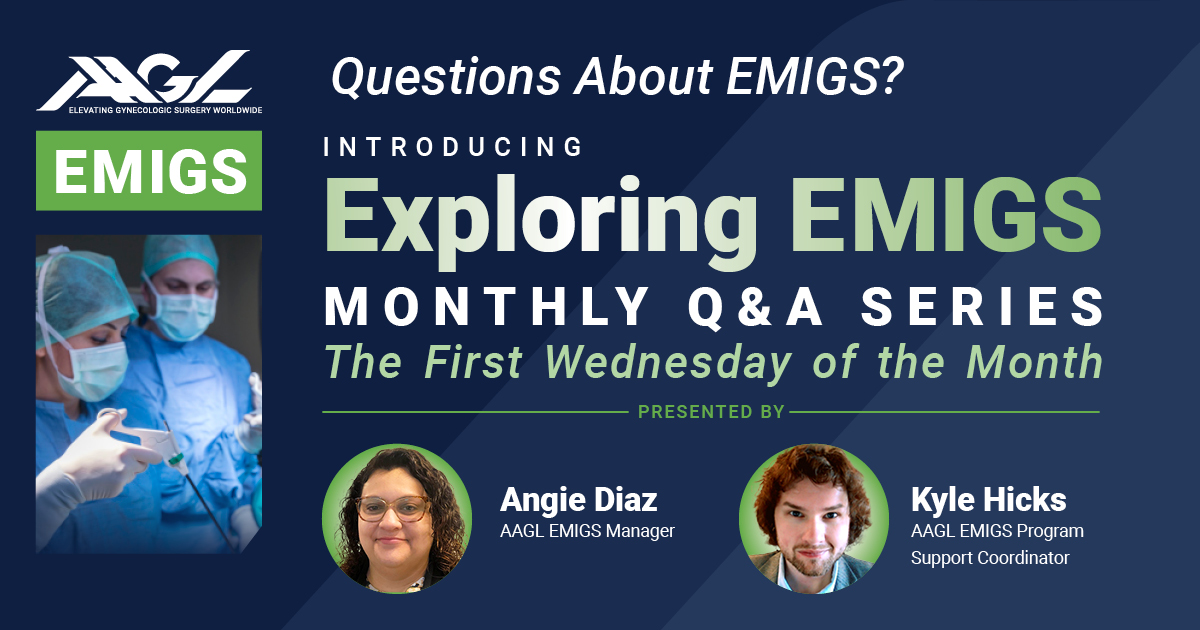 AAGL's tweet photo. Announcing Exploring EMIGS! Live EMIGS Q&A meetings on the first Wed of the month. Kickoff meeting is this coming Wed, April 5th at 10AM PST. Got questions about EMIGS? We have answers! Click the link next Wed & join us https://t.co/77Qz1ZzMu6 #AAGL #EMIGS #GYNfluencers @asokol… https://t.co/RysaNr3v5h