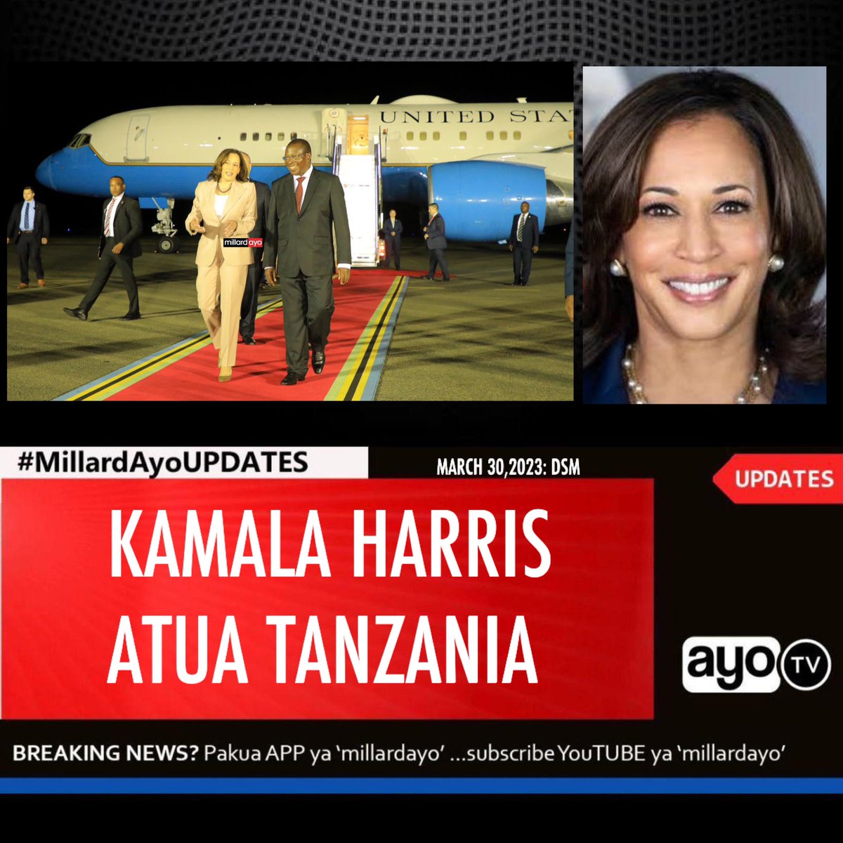 millardayo's tweet photo. Makamu wa Rais wa Marekani Kamala Harris amewasili katika Uwanja wa Ndege wa Kimataifa wa Julius Nyerere Jijini Dar es salaam usiku huu tayari kwa kuanza ziara yake ya siku 3 Nchini Tanzania ambapo amepokelewa na Makamu wa Rais wa Tanzania, Dkt. Philip Mpango.
#MillardAyoUPDATES https://t.co/XxbV3bXA1e