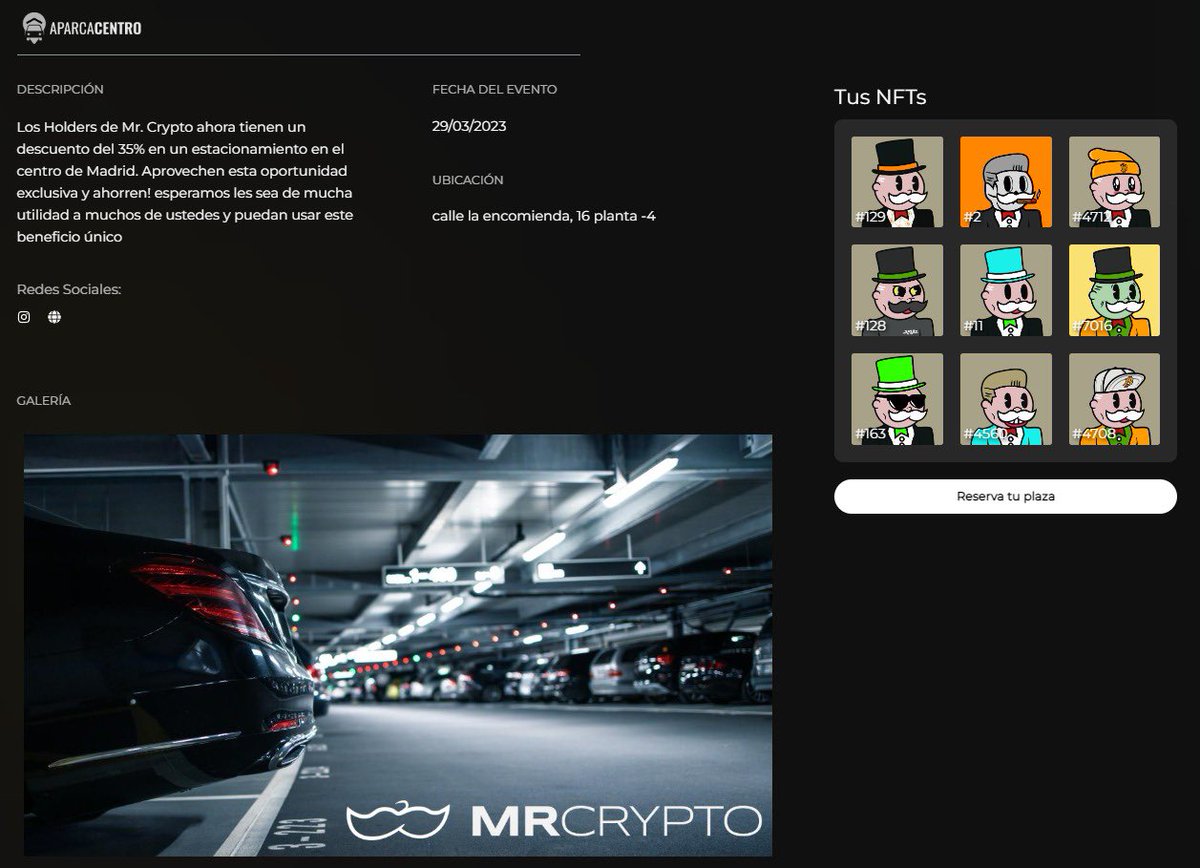 Los Holders de Mr. Crypto ahora tienen un descuento del 35% en un parking en el centro de Madrid. 

📍 Calle la encomienda, 16 planta -4