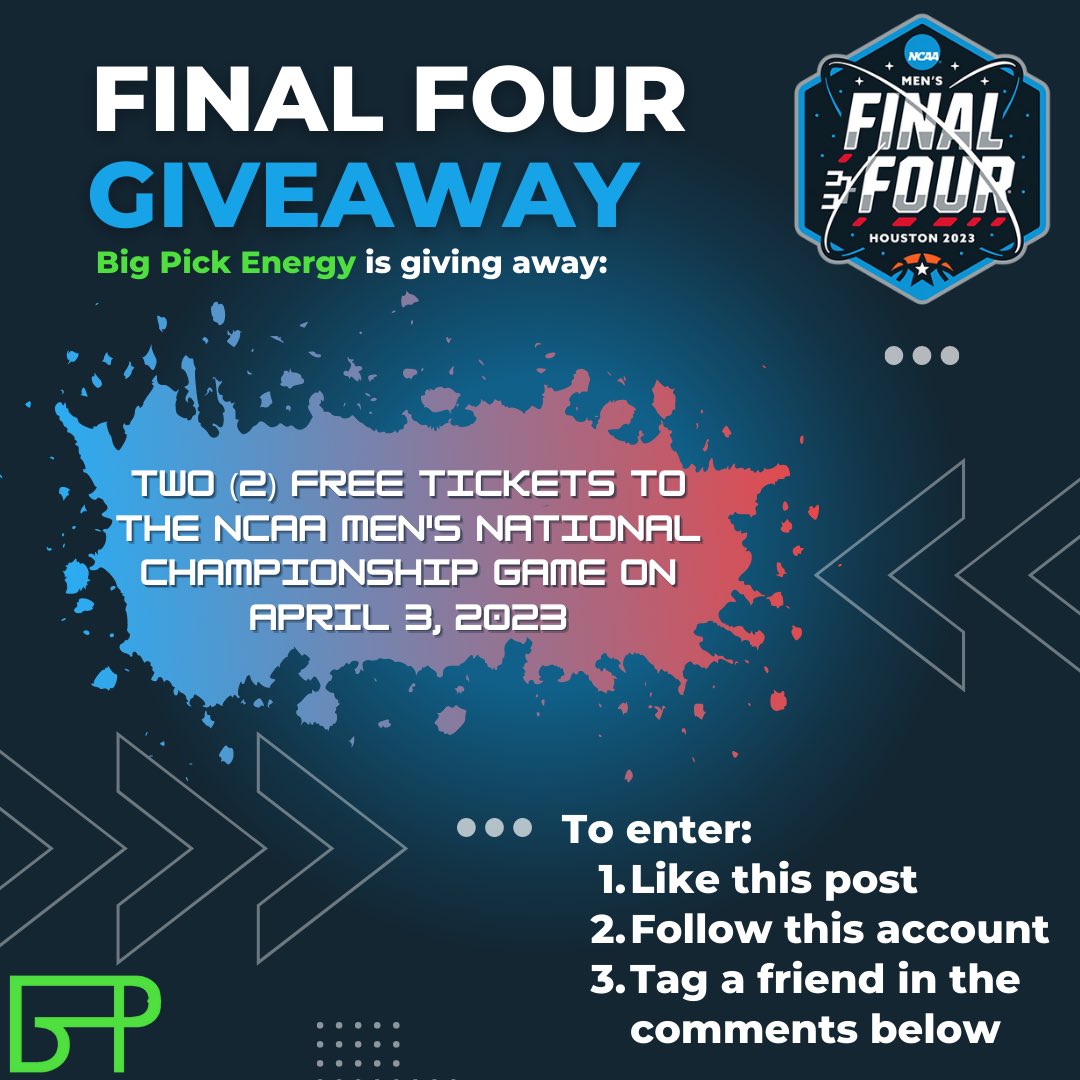 🚨🤑‼️GIVEAWAY TIME‼️🤑🚨

Want FREE tickets to the Final Four? 🏀

NOW’S YOUR CHANCE ⏰

BPE is giving away TWO FREE CHAMPIONSHIP TICKETS to one lucky follower 🤯

To enter:
1. Like the post ♥️
2. Follow the account ⬆️
3. Tag a friend ⬇️

GOOD LUCK 🍀
bigpickenergy.xyz/?=t