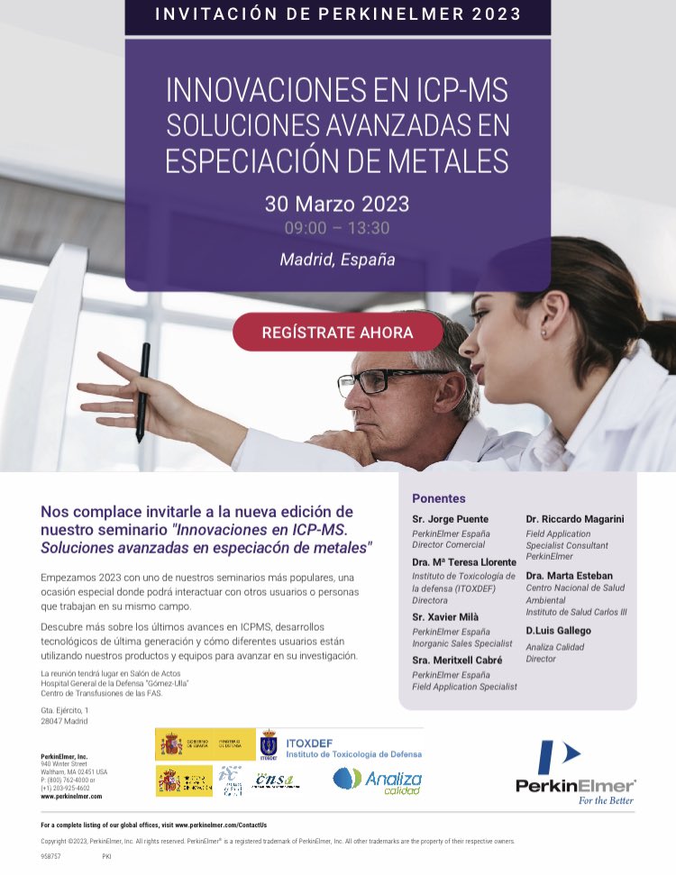 LuisMGallego's tweet photo. Mañana os invito a la #Ponencia que ofreceré, sobre #Especiacion de #Metales (#Arsenico y #Mercurio) en #Análisis de #Alimentos, #Piensos y #Aguas , #toxicidad #legislación y #Análisis
Jornada organizada por @PerkinElmer en #Madrid, Hospital Gómez Ulla
#SeguridadAlimentaria https://t.co/Fv7dX79h8l